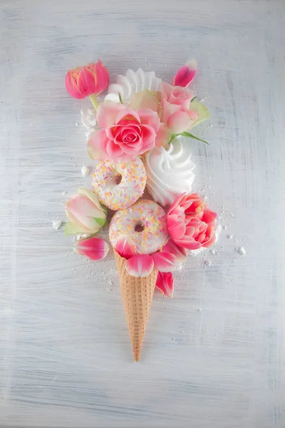 Flatlay Waffle Sweet Ice Cream Cone Pink Tulips Roses Blossom — Stock Photo, Image