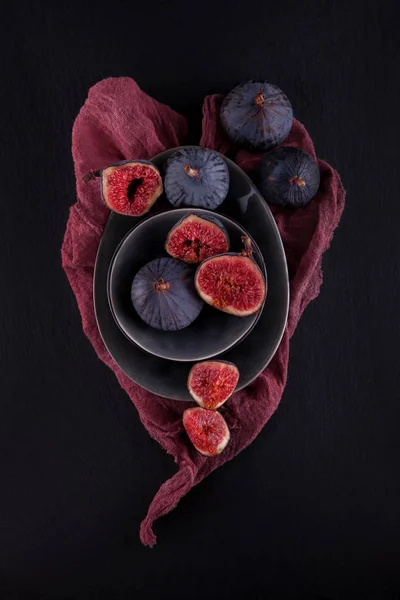 Figues Fraîches Mûres Photographie Nourriture Rustique Sur Table Cuisine Plaque — Photo