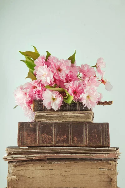 Vintage novel books with bouquet of cherry blossom flowers on white wood background in light pastel colors can be used as background