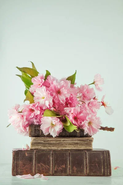 Vintage Roman Boeken Met Boeket Van Kersenbloesem Bloemen Witte Houten — Stockfoto