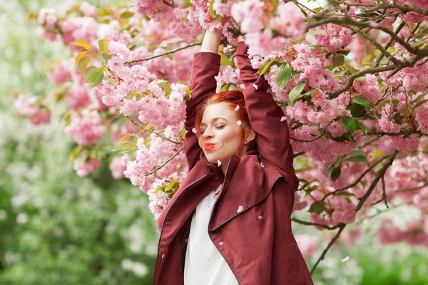 Красивая Молодая Женщина Рыжими Волосами Веселится Стоя Цветущей Вишне Весеннее — стоковое фото
