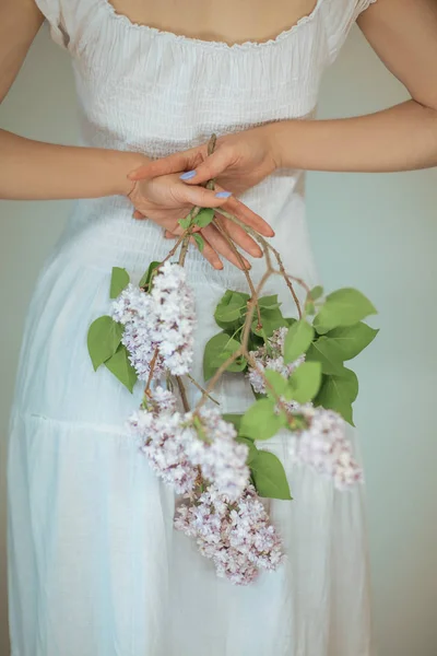 Woman Hands Holding Fresh Violet Lilac Flowers Sensual Rural Studio — Stock Photo, Image