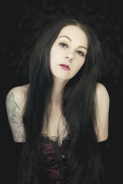 Beautiful German Gothic Styled Woman Shiny Long Black Hair Looking — Stock Photo, Image