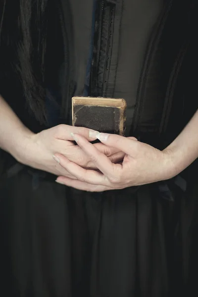 Woman Hands Holding Vintage Old Book Very Dark Atmospheric Sensual — Stock Photo, Image