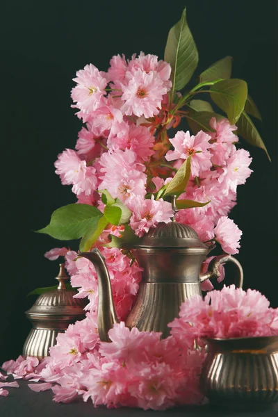 Old Vintage Antique Mocha Coffee Pot Decorated Cherry Blossom Flowers — Stock Photo, Image