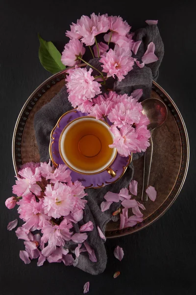 Vintage Antique Cup Fruit Tea Decorated Cherry Flowers Black Background — Stock Photo, Image