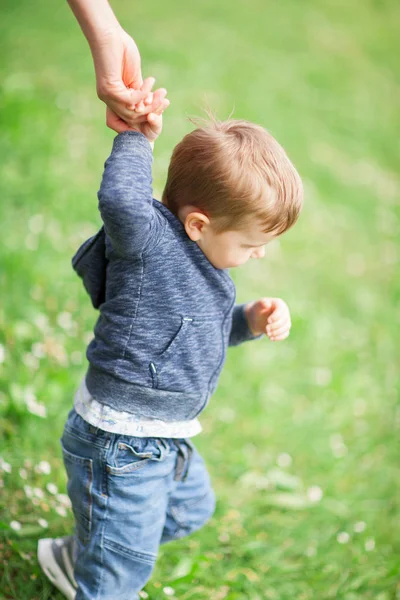 Hand Van Moeders Met Baby Jongetje Wandelen Een Groene Weide — Stockfoto