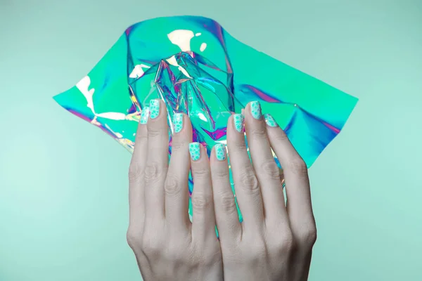 Beautiful Woman Hands Holographic Nail Polish — Stock Photo, Image