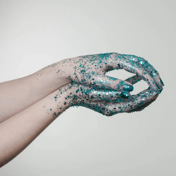 Beautiful Woman Hands Blue Glitter Front Black Can Used Background — Stock Photo, Image