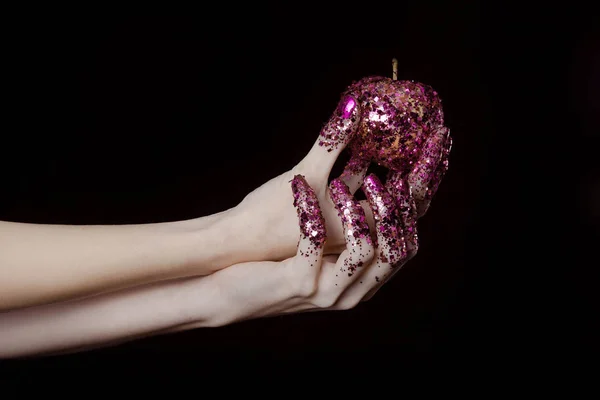 Beautiful Woman Hands Glitter Holding Apple Close — Stock Photo, Image