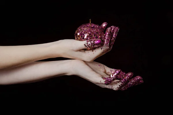 Beautiful Woman Hands Glitter Holding Apple Close — Stock Photo, Image