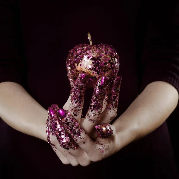 Beautiful Woman Hands Glitter Holding Apple Close — Stock Photo, Image