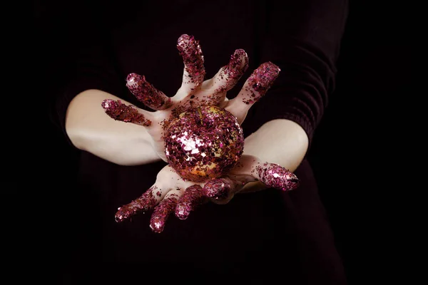 Beautiful Woman Hands Glitter Holding Apple Close — Stock Photo, Image