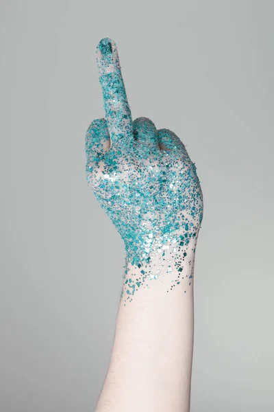Όμορφη Γυναίκα Χέρια Μπλε Glitter Μπροστά Από Μαύρο Μπορεί Χρησιμοποιηθεί Φωτογραφία Αρχείου
