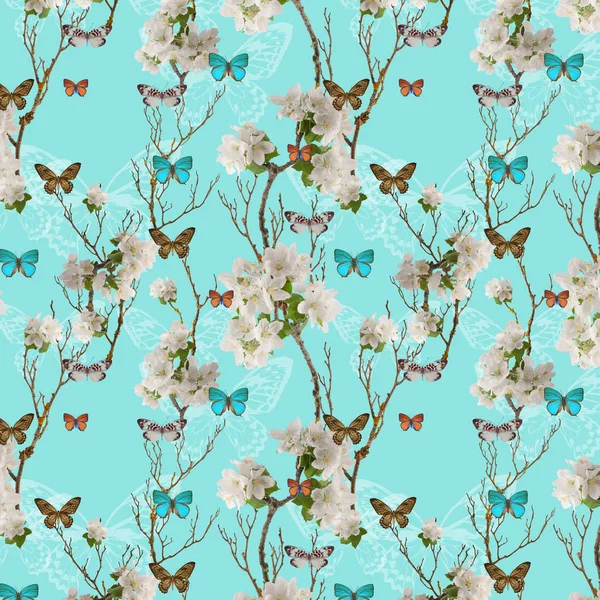 Adorable Springtime Seamless Pattern Apple Blossom Butterflies Can Used Background Stock Image