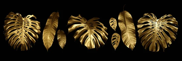Tropical Leaves Gold Black Can Used Background — Stock Photo, Image