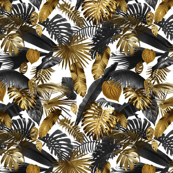 Бесшовный Узор Тропическими Листьями Золотом Цвете Черном Использован Качестве Фоновых Стоковое Изображение