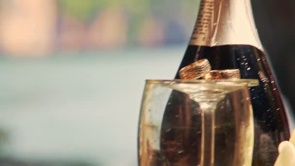Champagne fles lang wijnglazen trouwringen op Top — Stockvideo