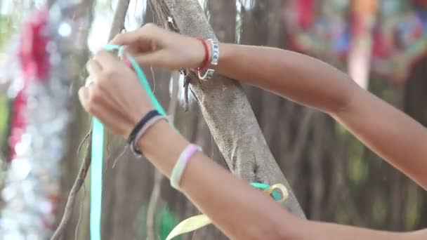 Girl decorator tying ribbons on the branches — Stock Video