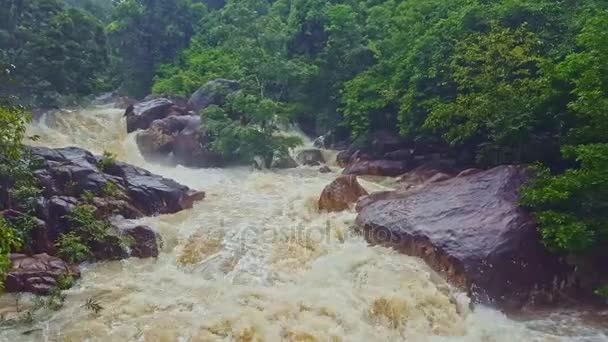Kaskáda bouřlivé horské řeky mezi skalami v tropech — Stock video