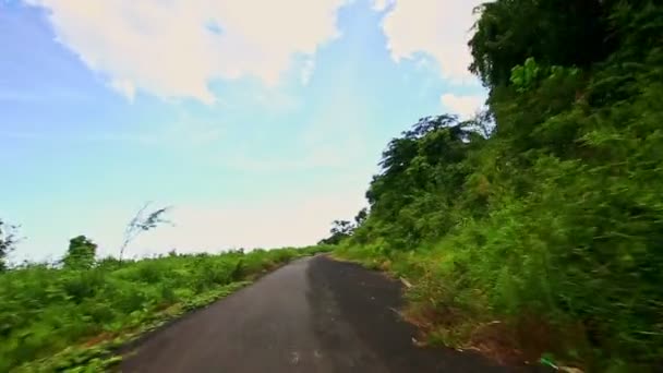 Movimento para baixo estrada com grama na beira da estrada entre paisagem montanhosa — Vídeo de Stock