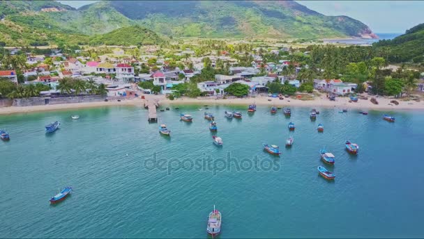 Bahía con barcos de pesca y pueblo en la costa — Vídeos de Stock