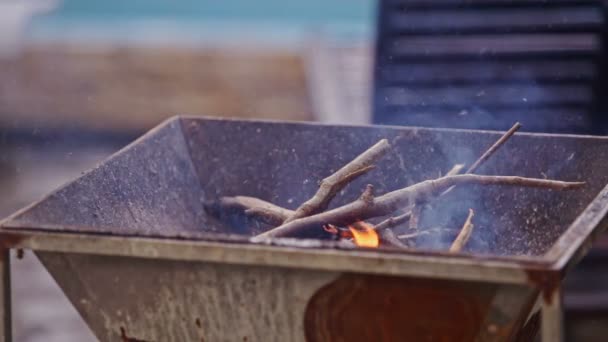 Varas de madeira queimam no fogo na grelha — Vídeo de Stock