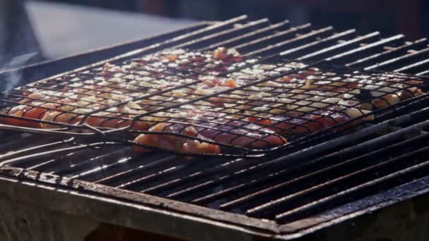 Людина смажить м'ясо на відкритому вогні на барбекю — стокове відео