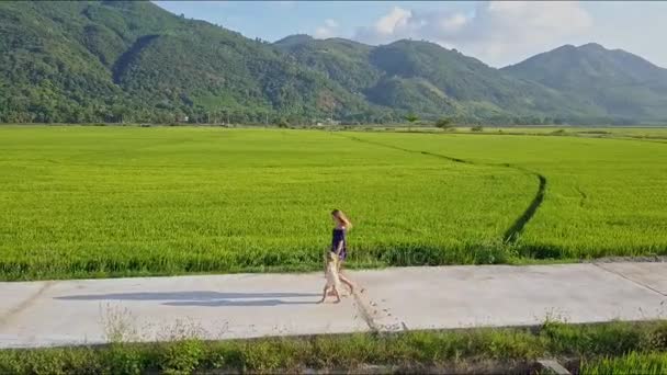Mujer con hija caminando por el camino entre los campos — Vídeo de stock