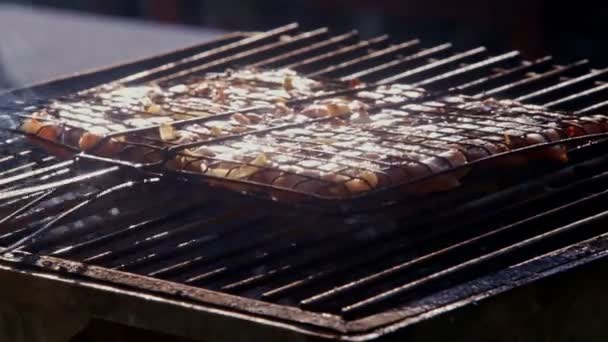 Persona asado carne en fuego abierto en la barbacoa — Vídeo de stock