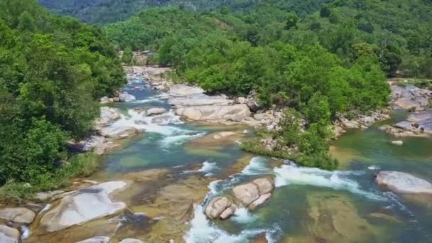 Rio de montanha com pedras correndo entre a selva — Vídeo de Stock