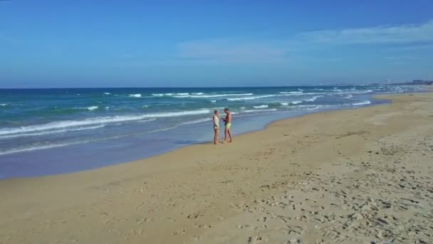 Turisták, átölelve, és így selfie a strandon — Stock videók