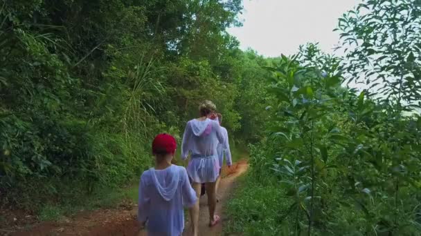 Familia caminando por sendero forestal — Vídeos de Stock