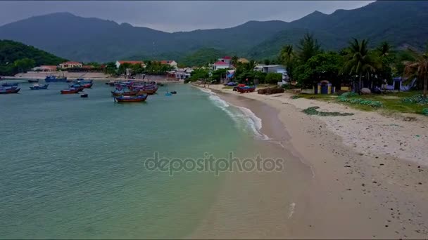 Barcos turísticos en la superficie de la bahía por playa de arena — Vídeo de stock