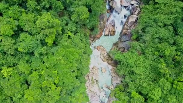 Gebirgsfluss mit Felsen und Wasserfällen im Dschungel — Stockvideo