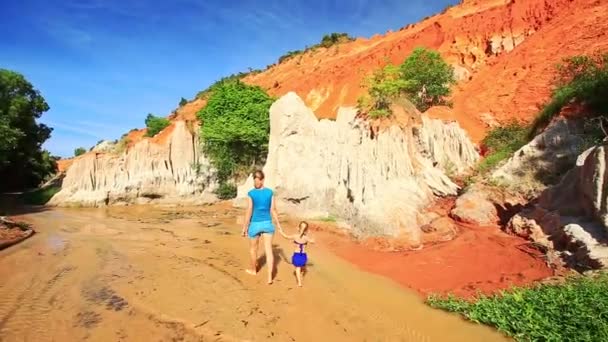 Madre e figlia a piedi nudi sul ruscello delle fate — Video Stock