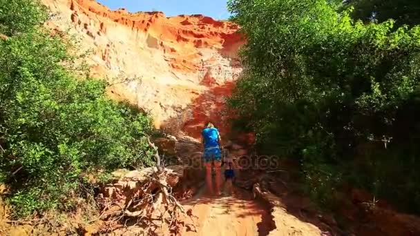 Matka a dcera chůze naboso na Fairy stream — Stock video