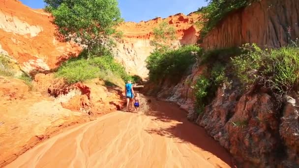 Mère et fille marchant pieds nus sur le ruisseau de fées 
