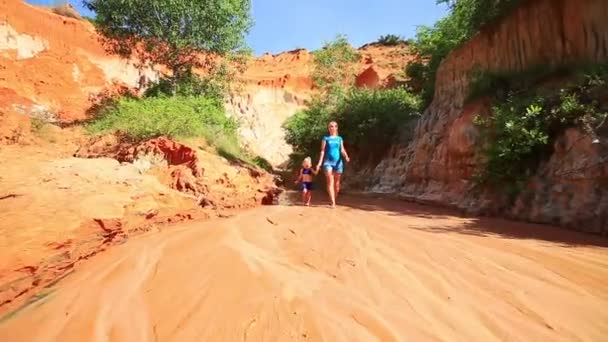 Madre e hija caminando descalzas en el arroyo de hadas — Vídeo de stock