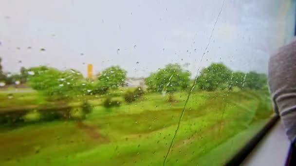 Landschaft durch bewegtes Zugfenster bei Regen — Stockvideo