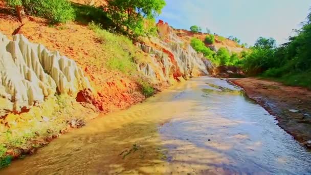 Fairy stream bank with orange slopes speckled — Stock Video