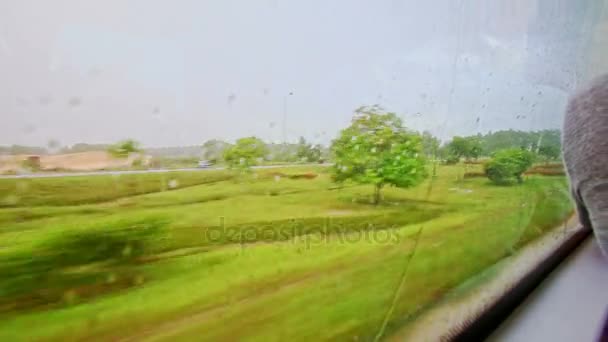 Landscape through moving train window with rain — Stock Video