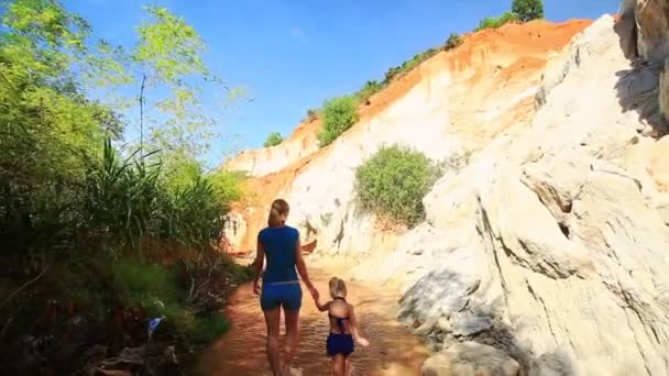 Madre e figlia a piedi nudi sul ruscello delle fate — Video Stock