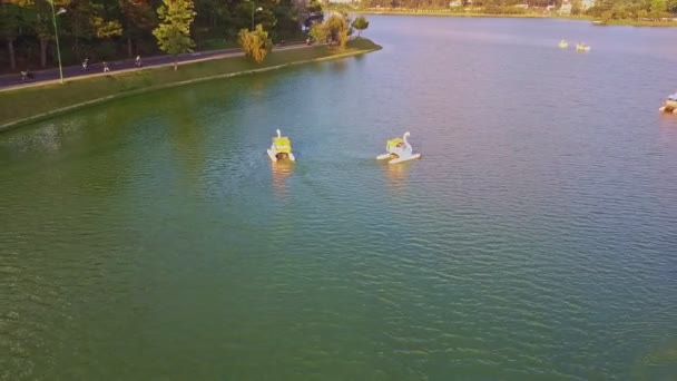 Lake with floating swan catamarans on water — Stock Video