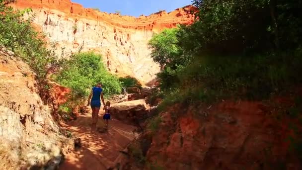 Matka a dcera chůze naboso na Fairy stream — Stock video