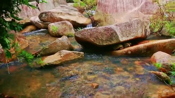 Eau de rivière de montagne parmi les pierres rondes — Video