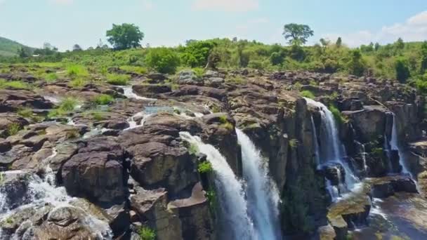 Vodopády potoka do řeky proti džungle — Stock video