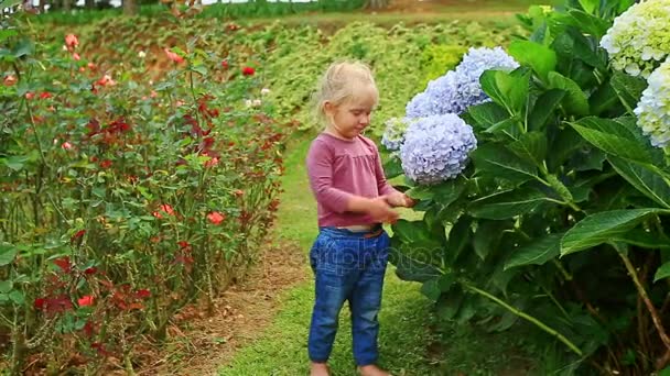 Tropikal park çiçeklerle oynayan kız — Stok video