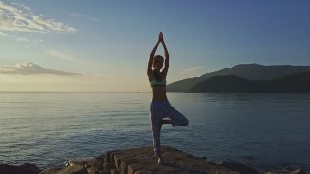 Chica hace yoga en la playa rocosa — Vídeos de Stock