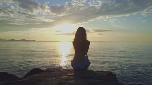 Dziewczyna siedzi na plaży i szczyci się seascape — Wideo stockowe